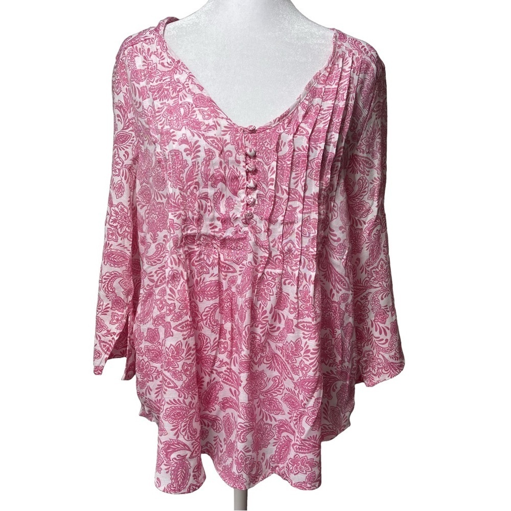 NWOT Counterparts Pink and White Paisley Floral V-Neck 3/4 Sleeve Top Blouse M